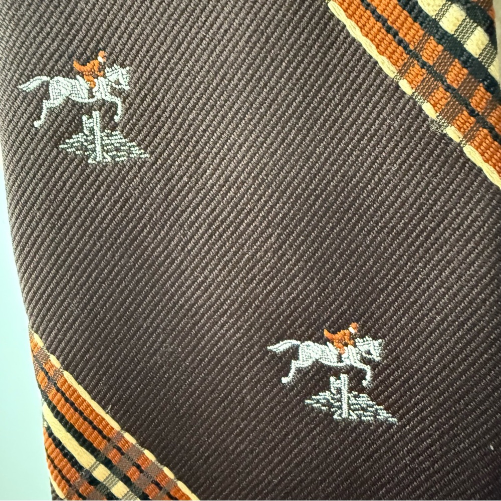 🐎 Vintage 1970s JCPenney Equestrian Wide Necktie Brown Plaid Horse Motif - Picture 4 of 7